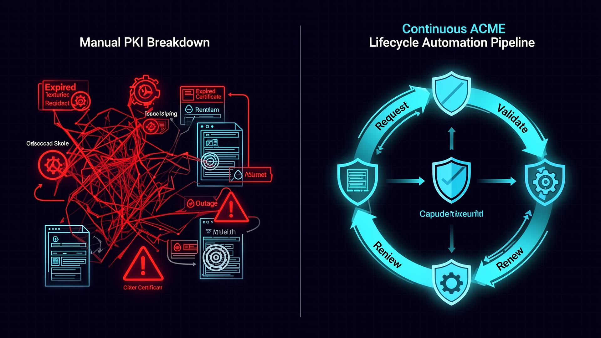 Side-by-side infographic comparing chaotic manual PKI certificate management with a clean, automated ACME lifecycle pipeline including request, validate, issue, deploy, and renew stages